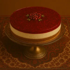 Pomegranate Cheesecake in a plate with authetic persian background