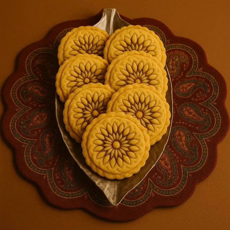 Kolompeh date-filled Persian cookies arranged on traditional copper tray